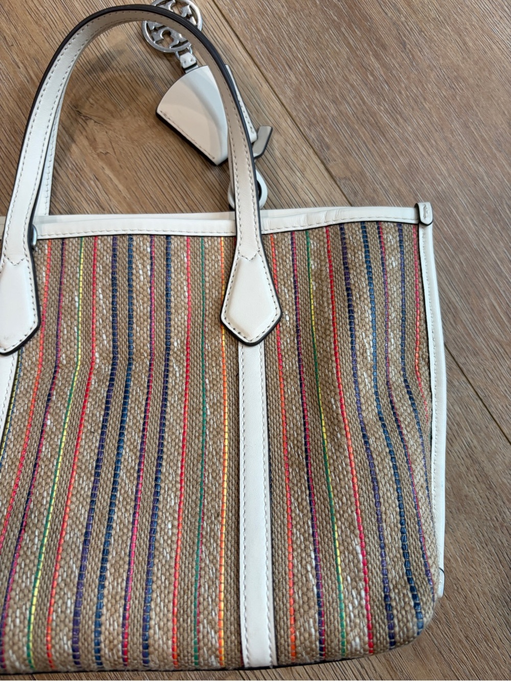 Tory Burch Small Perry Stripe Raffia Tote Multicolor Ivory Leather - Picture 12 of 12